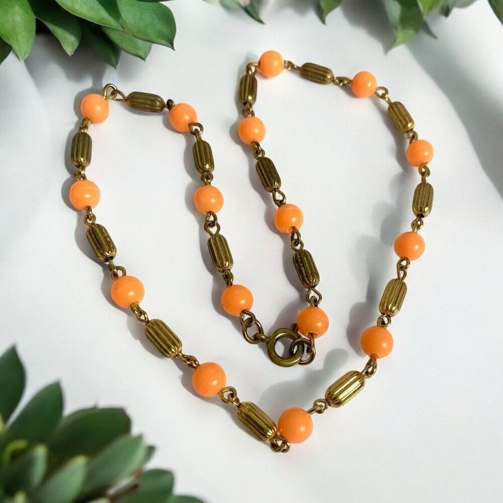 Vintage 50s Orange Plastic Bead Choker Gold Tone Necklace